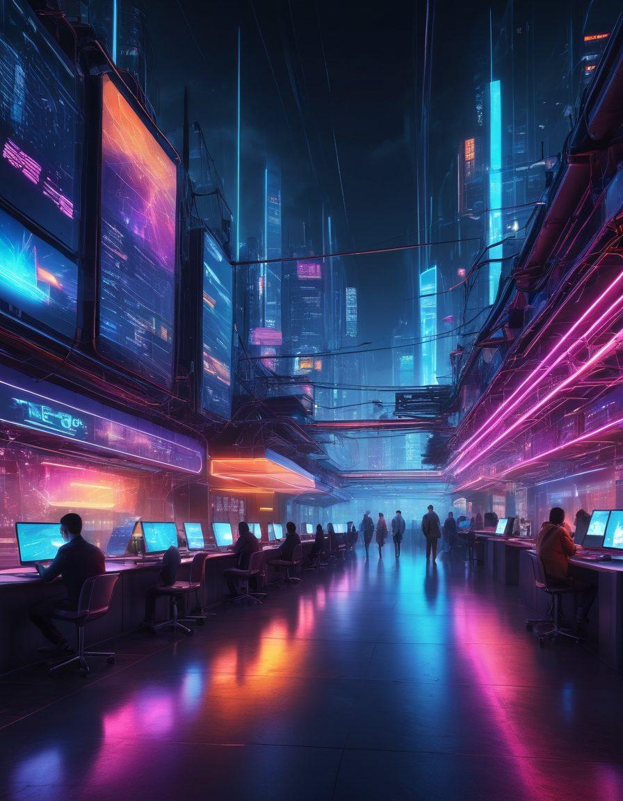 A futuristic digital landscape representing cyberspace, featuring interconnected nodes and glowing lines symbolizing web technologies. Incorporate icons of browsers, coding languages, and cloud computing seamlessly integrated into the vibrant scenery. Show a diverse group of people exploring this digital space, highlighting the global aspect of modern browsing. Use a blend of bright neon colors and deep shadows for a dynamic contrast. cyberpunk. vibrant colors.