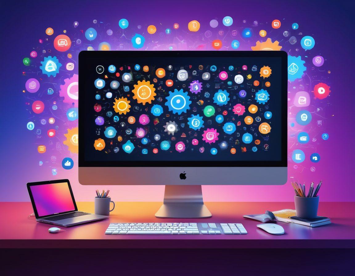 A visually engaging composition featuring a modern desktop setup with a computer screen showcasing a vibrant array of browser extensions. Include icons representing various online content trends, like video, articles, and social media. The background should have a subtle gradient reflecting the digital world, with abstract shapes symbolizing user engagement and interaction. Light bulbs and gears can be used to symbolize ideas and technology. vibrant colors. super-realistic.